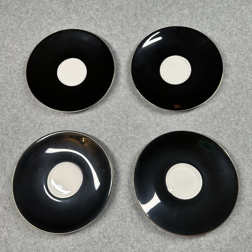 Wedgwood Barbara Barry Curtain Call‎ Black Gold Cappuccino Saucers 6.5 in Set 4